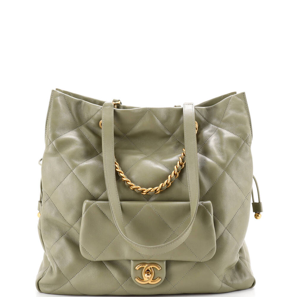 Chanel Medium Front Pocket Drawstring Shopping Bag Quilted Shiny Lambskin